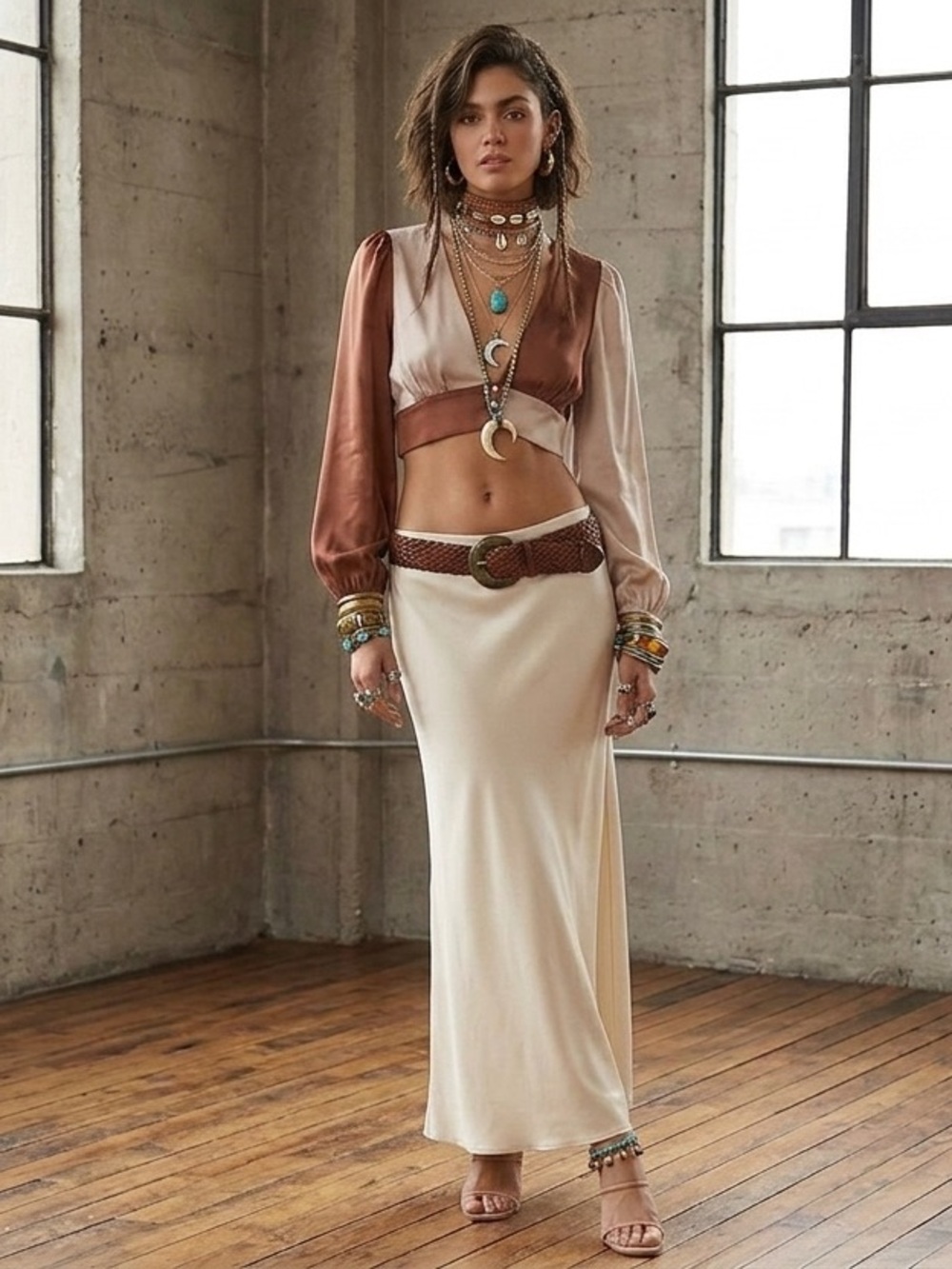 Altar'd State Two-Tone Satin Crop Top in Brown and Cream